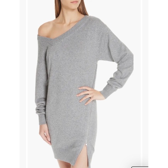 ALEXANDER WANG Grey Asymmetrical Zip Detail Wool & Cashmere Blend Sweater Dress